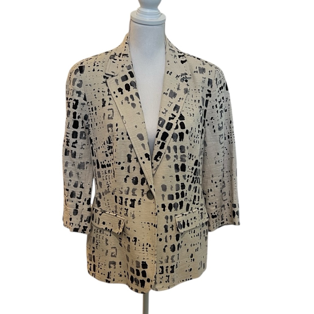 COLDWATER CREEK Print Blazer Jacket 12 White Black Linen Blend 3/4 Sleeve - Picture 4 of 16